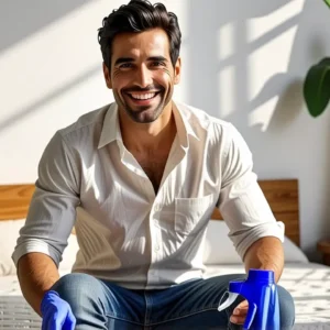 Un hombre realista limpia con luz cálida