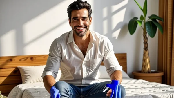 Un hombre realista limpia con luz cálida