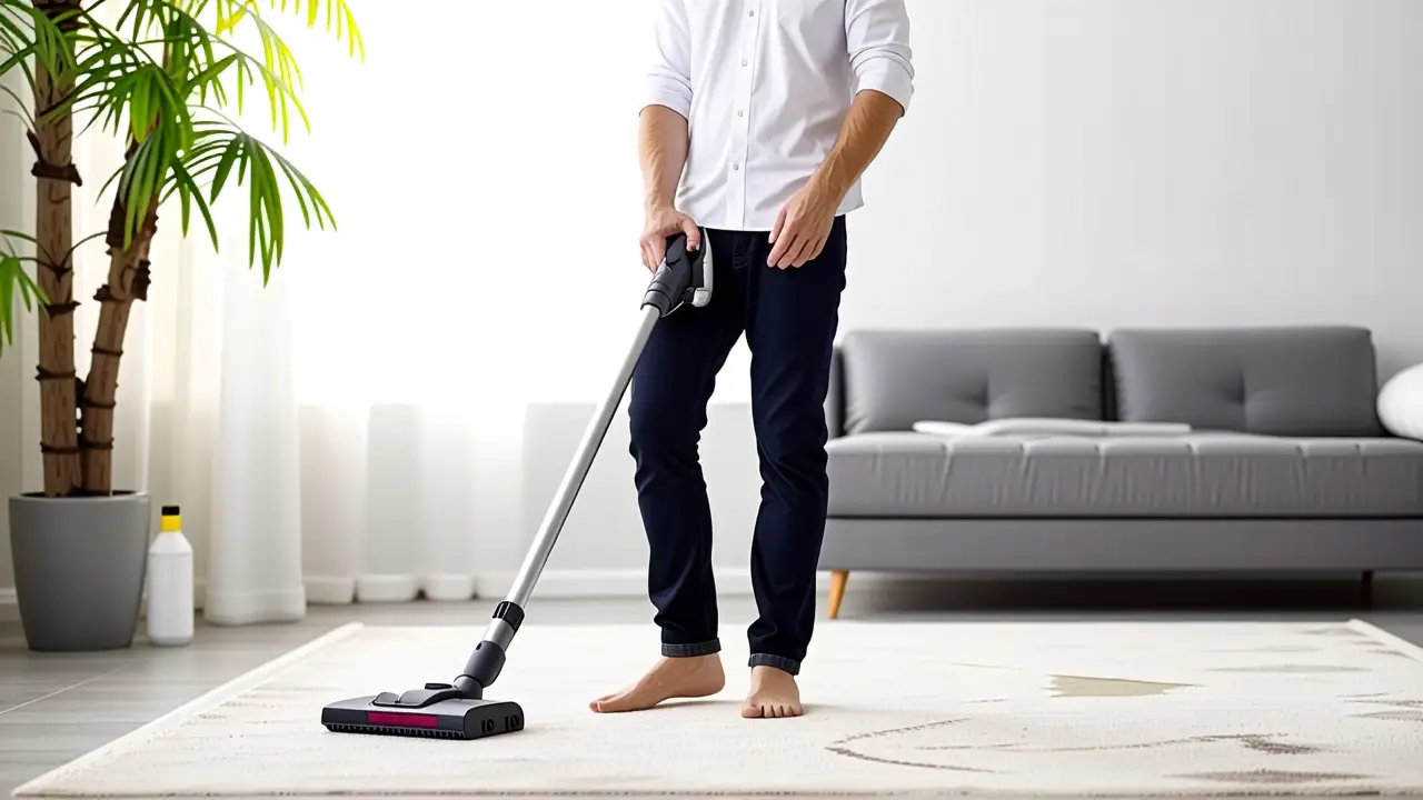 Un hombre limpio y detallado limpia su hogar