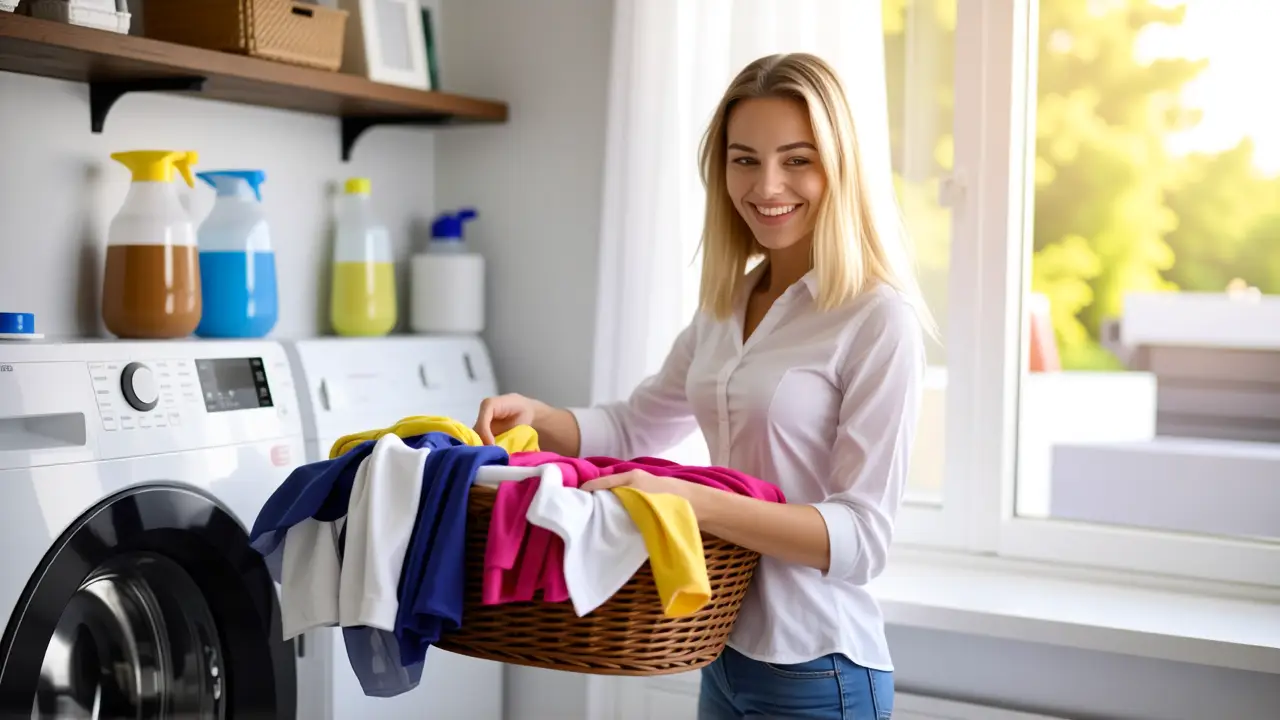 Una mujer sonríe en una lavandería cálida y natural