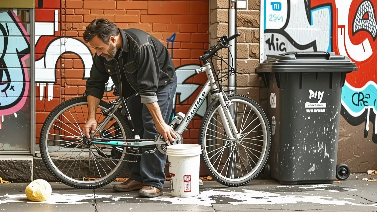 Un hombre limpia bicicleta en calle urbana