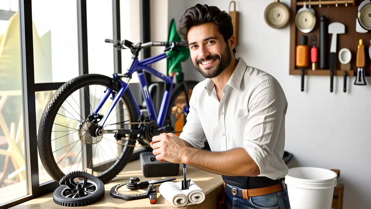 Un hombre sonriente limpia su bicicleta en luz cálida