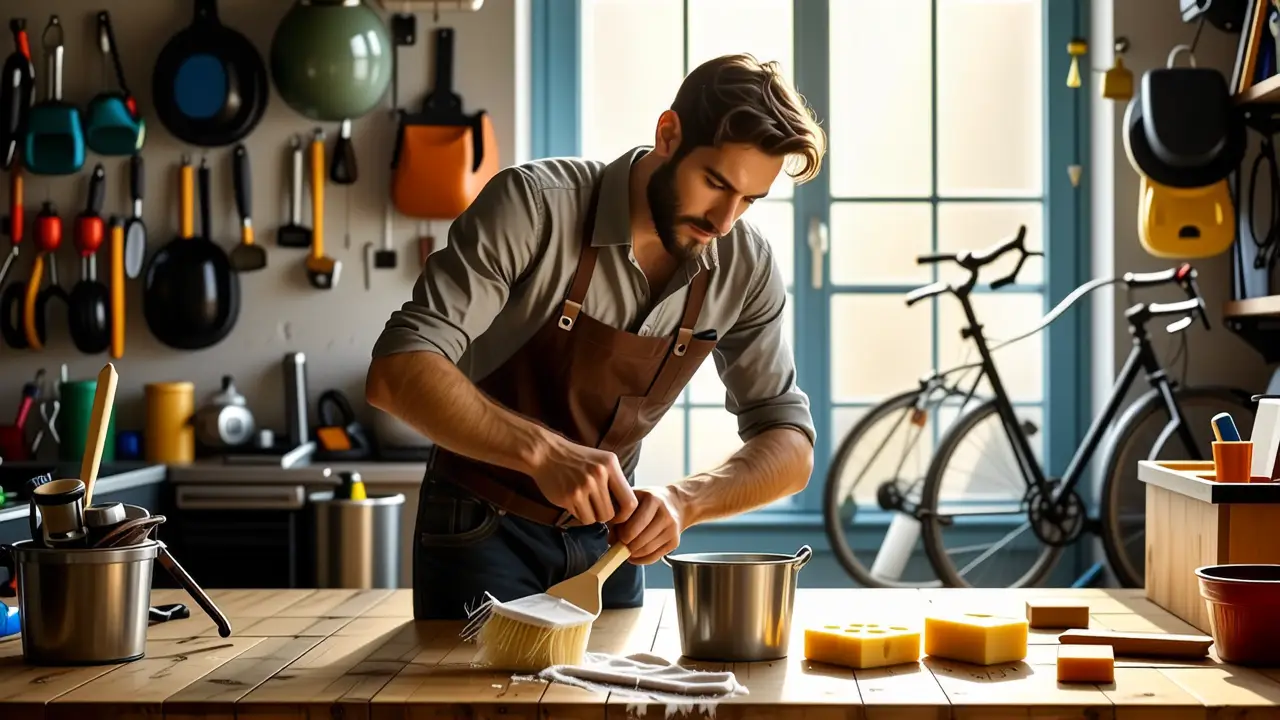 Un hombre limpia su bicicleta con luz cálida