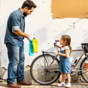 Un hombre limpia con una niña observando