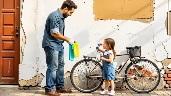 Un hombre limpia con una niña observando