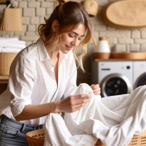 Una mujer española suavemente suaviza la ropa en casa
