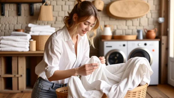 Una mujer española suavemente suaviza la ropa en casa