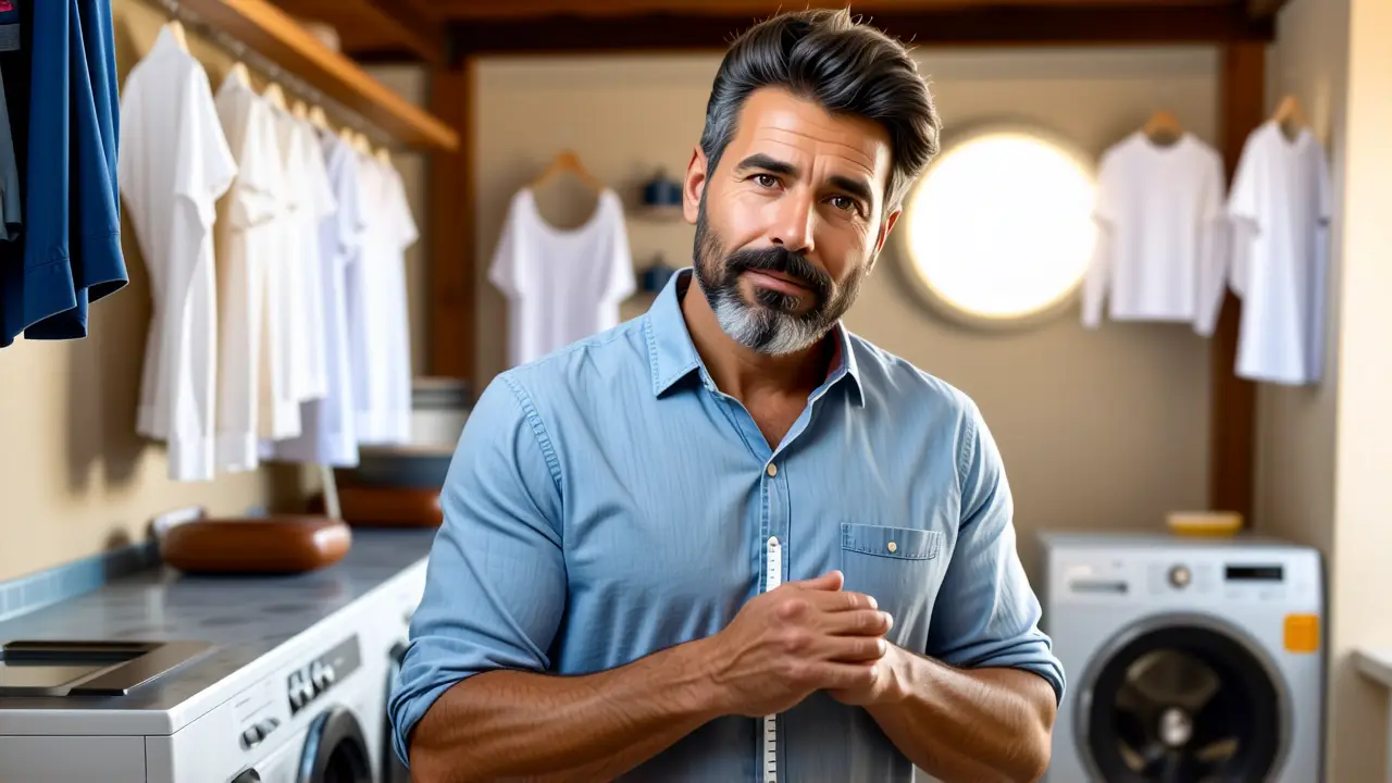 Como lavar lino: guía para evitar que se encoja 5 Un hombre mide en un lavadero soleado y cálido