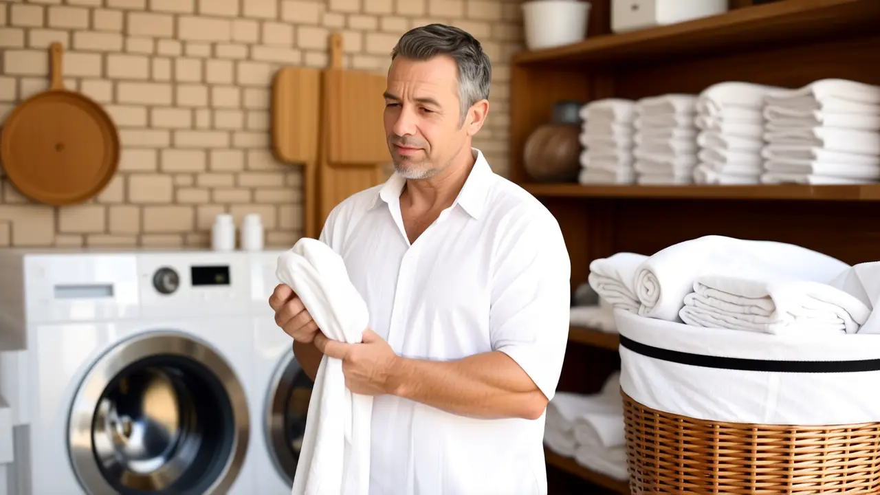 Como lavar lino: guía para evitar que se encoja 2 Un hombre amable suaviza la ropa en casa