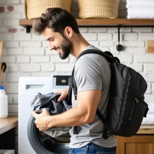 Un hombre español carga su mochila en la lavandería