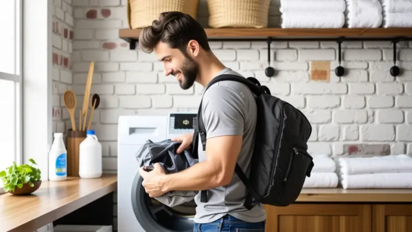 Un hombre español carga su mochila en la lavandería