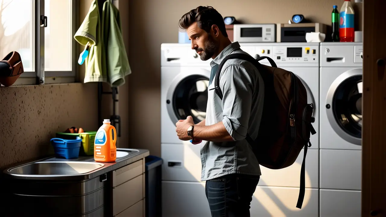 Lavar Mochila en Lavadora: Guía Completa 3 Un hombre preocupado porta su mochila en un espacio familiar