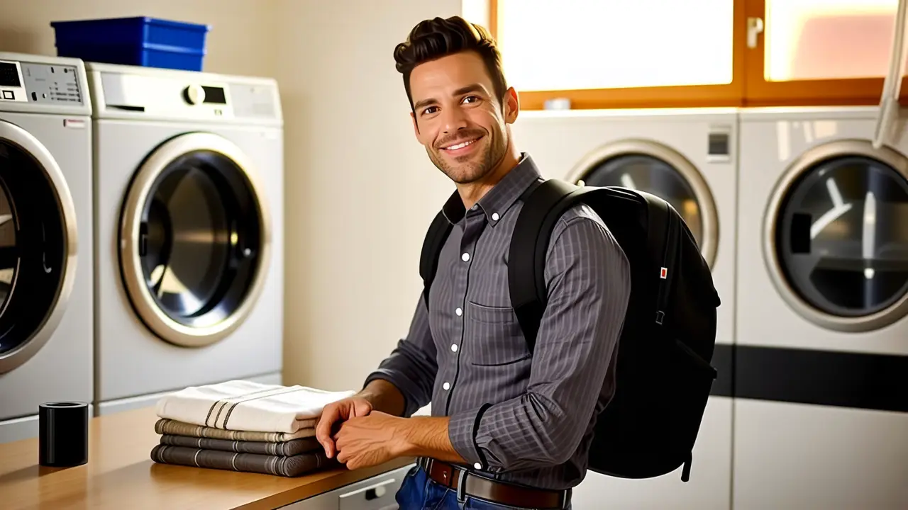 Lavar Mochila en Lavadora: Guía Completa 4 Un hombre pensativo en una lavandería cálida