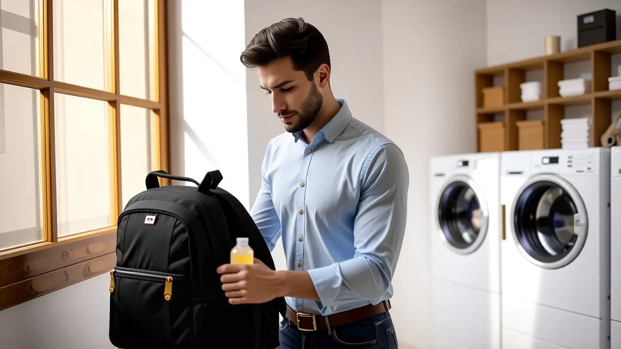 Lavar Mochila en Lavadora: Guía Completa 2 Un hombre pensativo dobla una mochila en luz cálida