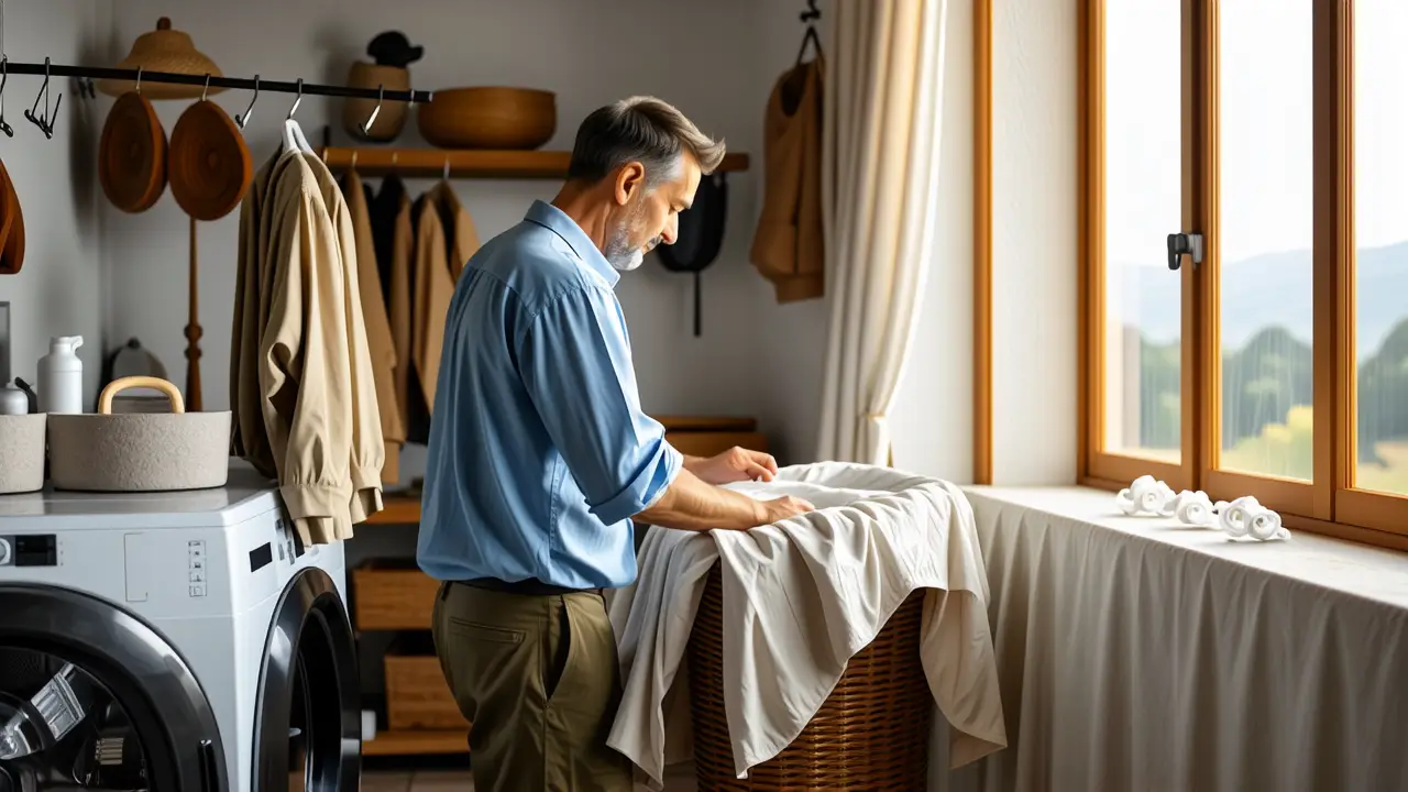 Lavar un plumas: Guía fácil en lavadora 5 Un hombre español amable carga ropa en una lavadora vintage