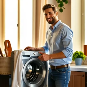 Un hombre sonriente sostiene una lavadora en cocina