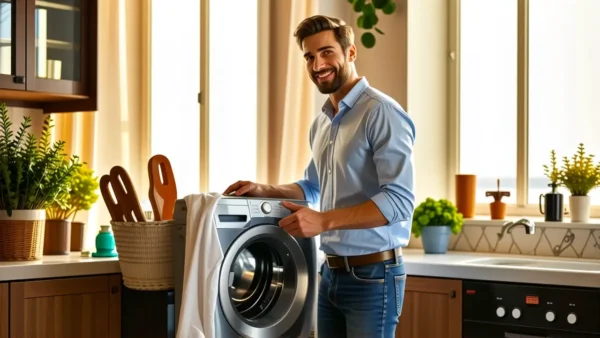 Lavar un plumas: Guía fácil en lavadora 1 Un hombre sonriente sostiene una lavadora en cocina