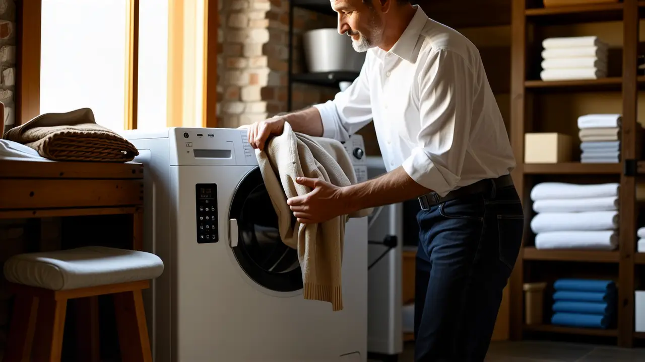 Lavar un plumas: Guía fácil en lavadora 3 Un hombre amable carga ropa en la lavadora