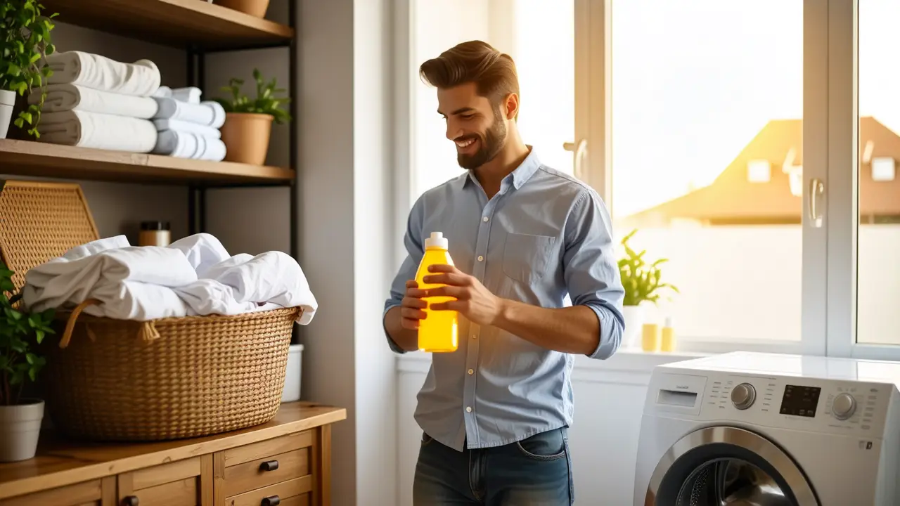 Lavar un plumas: Guía fácil en lavadora 2 Un hombre contemplativo examina detergente en luz cálida