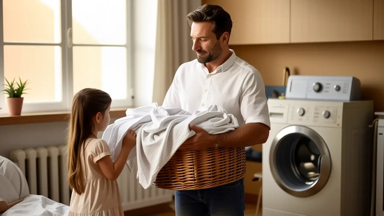 Como lavar sabanas: guía completa y lavandería camas 3 Fotografía doméstica realista y cálida, evocando la década 70