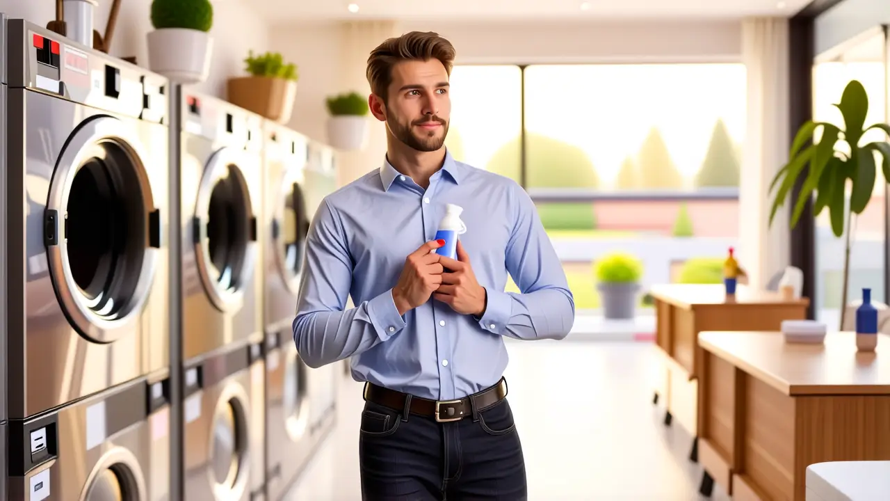 Simbolo lavado ropa lavadora 3 Un hombre pensativo sostiene detergente en luz suave