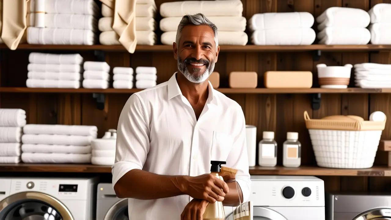Simbolo lavado ropa lavadora 4 Un hombre pensativo lava ropa en casa