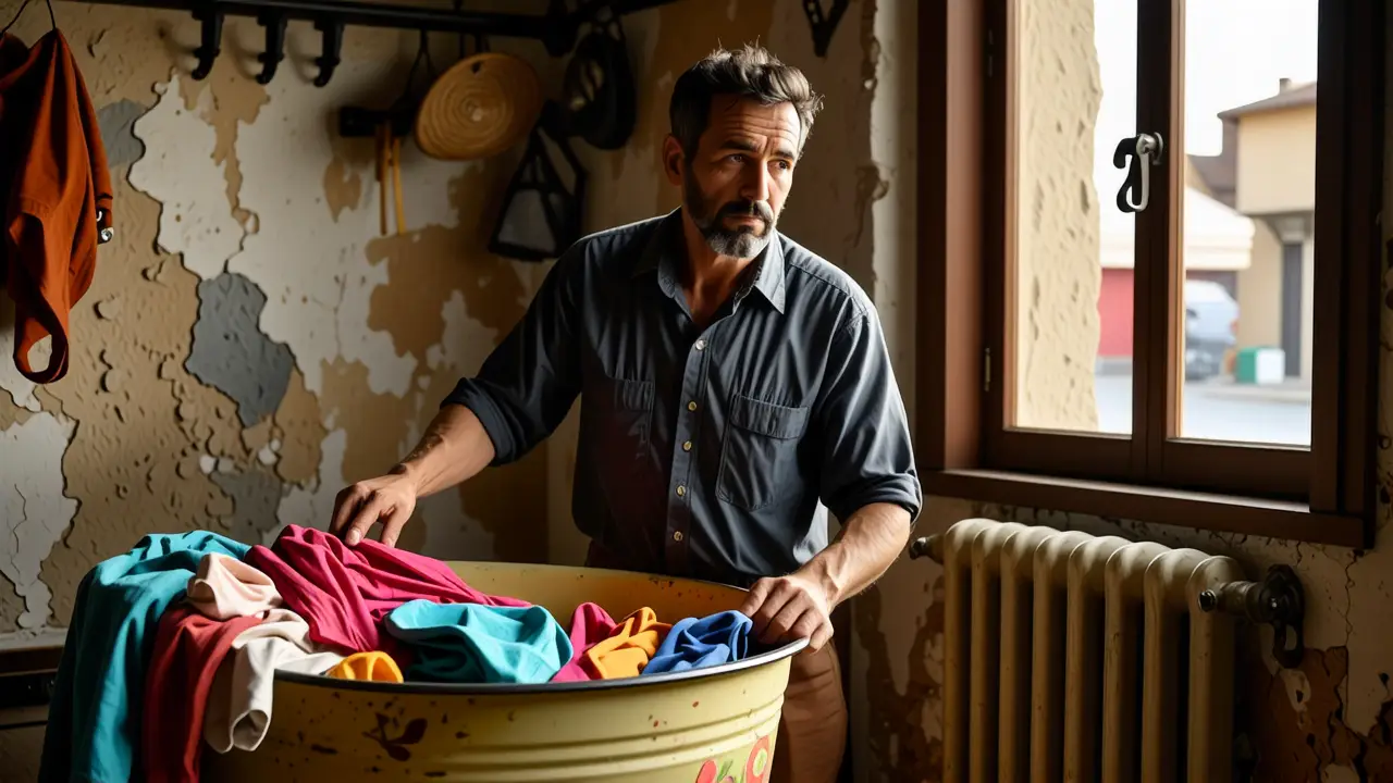 Simbolo lavado ropa lavadora 2 Un hombre español cansado contempla la lluvia