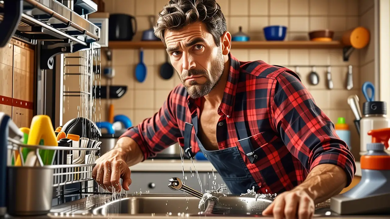 Un hombre frustrado trabaja en su desordenada cocina