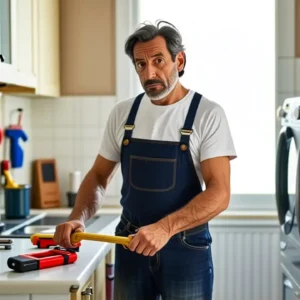 Un hombre preocupado arregla un electrodoméstico roto