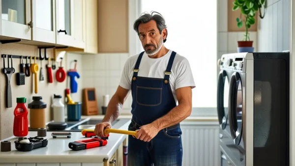 Un hombre preocupado arregla un electrodoméstico roto