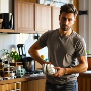 Lavavajillas no limpia bien: Optimiza tu uso 11 Un hombre pensativo sostiene una cubeta sucia