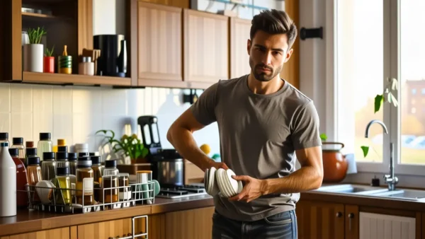 Un hombre pensativo sostiene una cubeta sucia