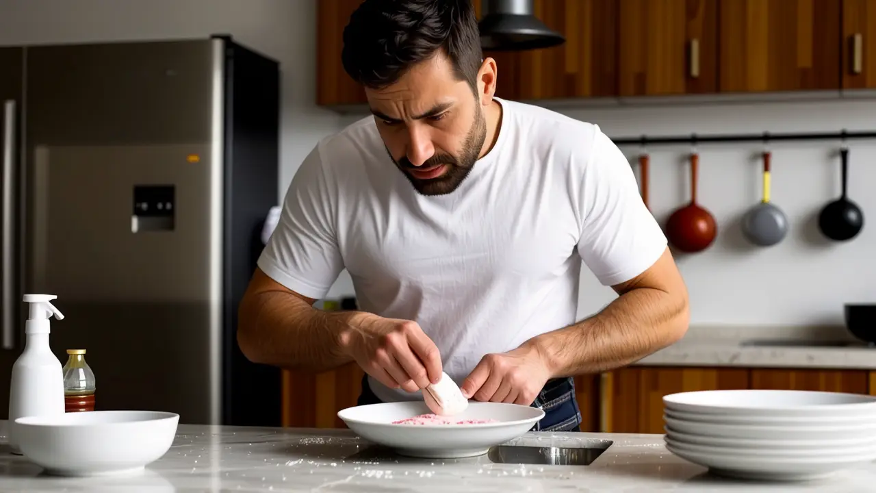 Un hombre español limpia con determinación en cocina