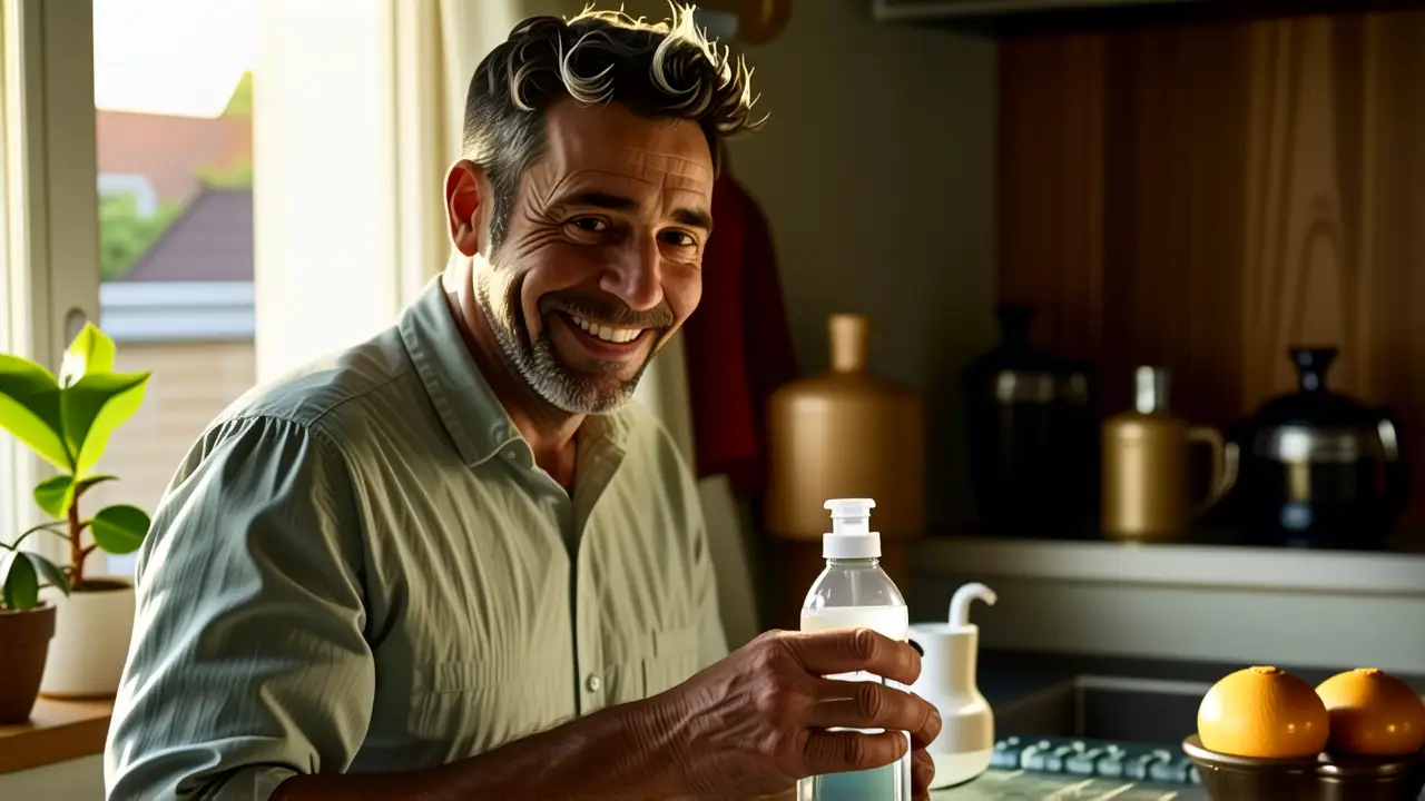 Hombre caucasiano sonríe en cocina suave