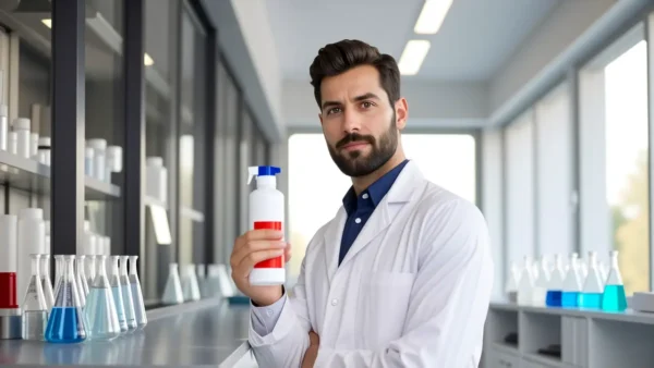 Un hombre serio usa desinfectante en laboratorio