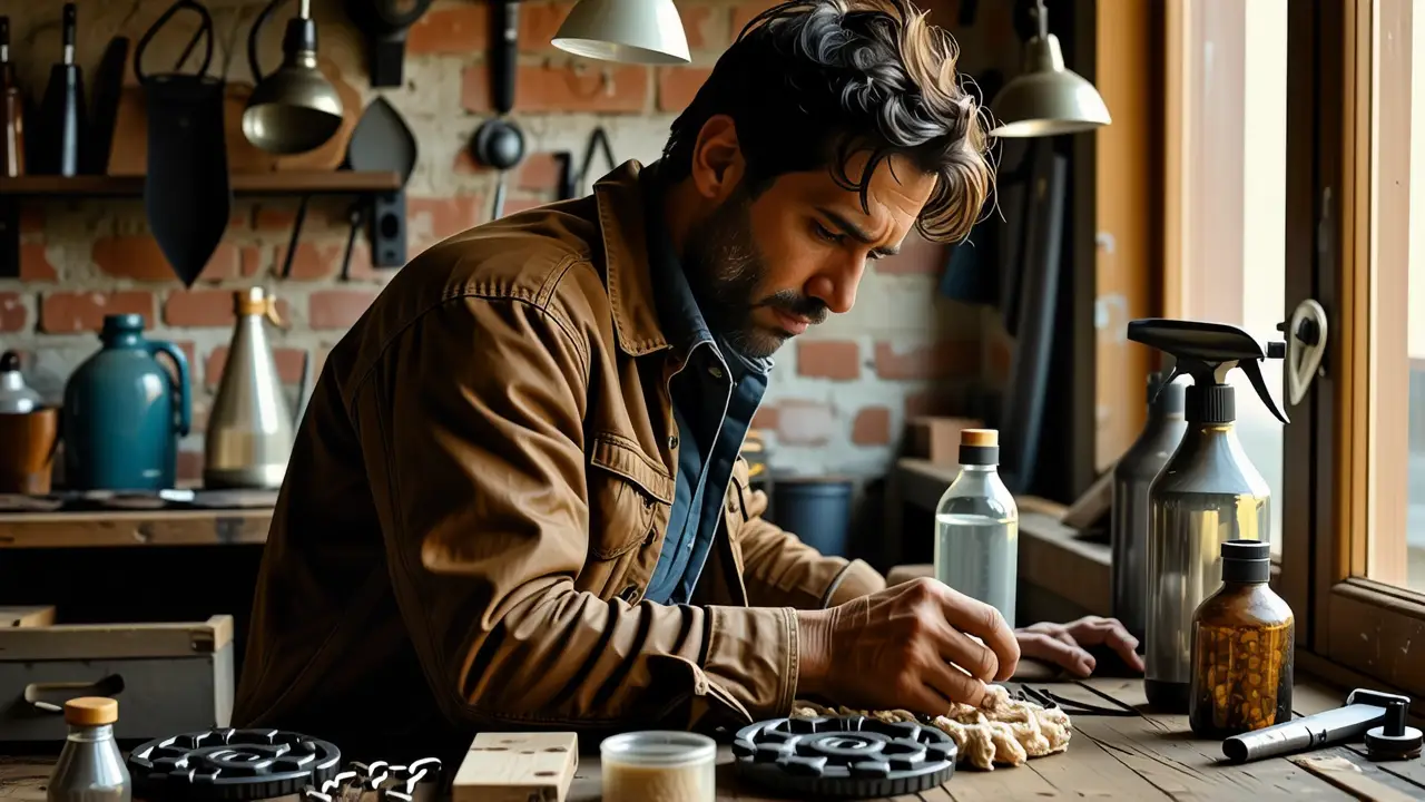 Un hombre pensativo examina herramientas en un taller oscuro
