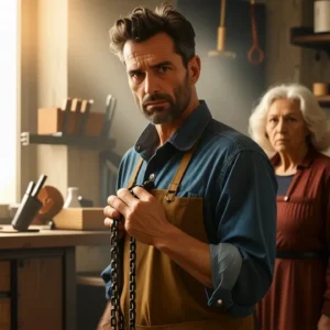 Un hombre pensativo observa en un taller rústico