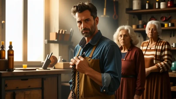 Un hombre pensativo observa en un taller rústico