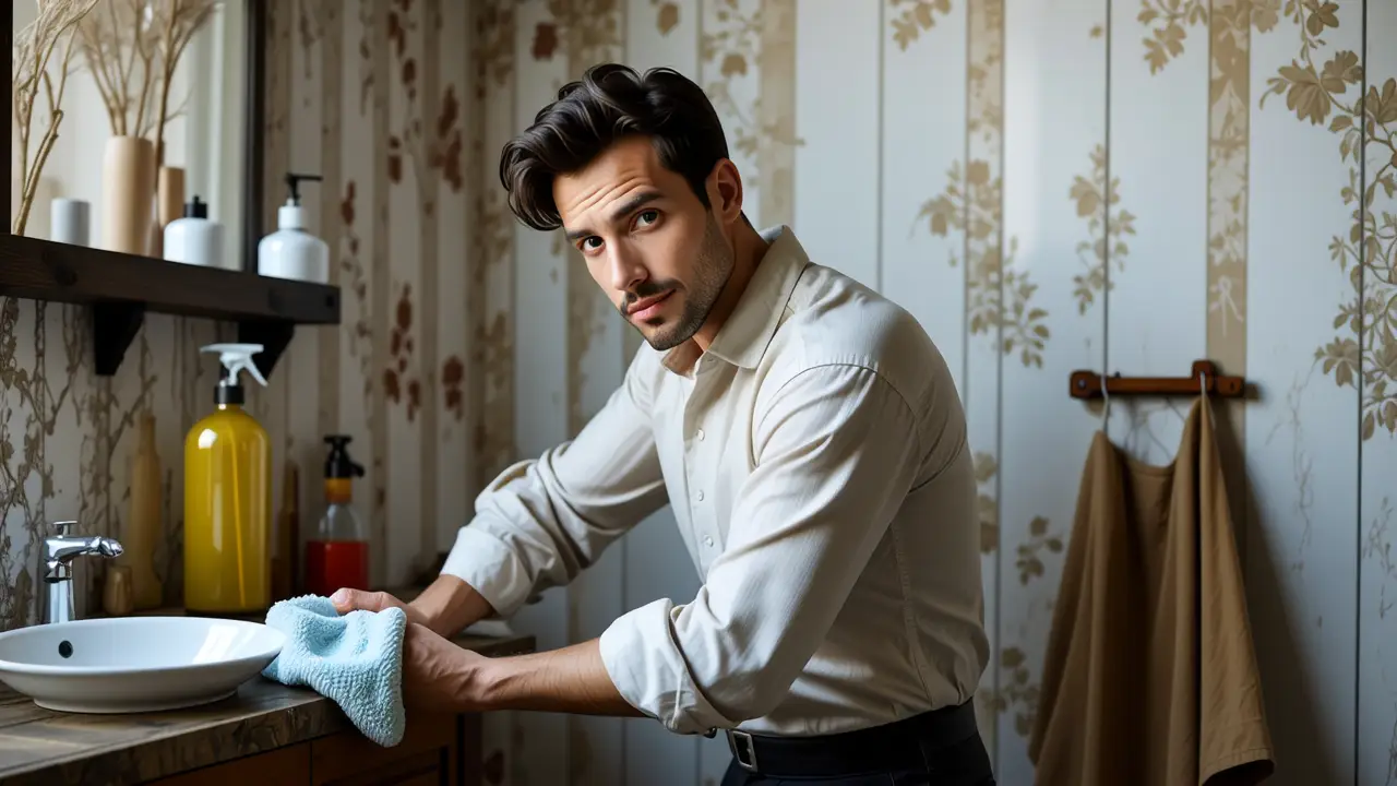 Un hombre español limpia con cuidado en un baño antiguo