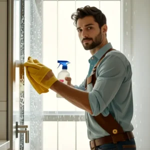 Hombre concentrado limpia baño con luz suave