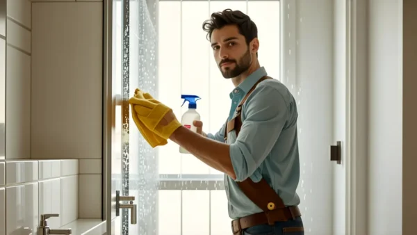 Hombre concentrado limpia baño con luz suave