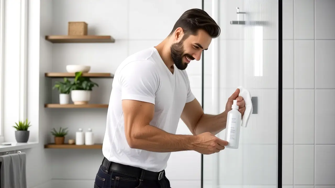 Un hombre limpia con cuidado en baño moderno