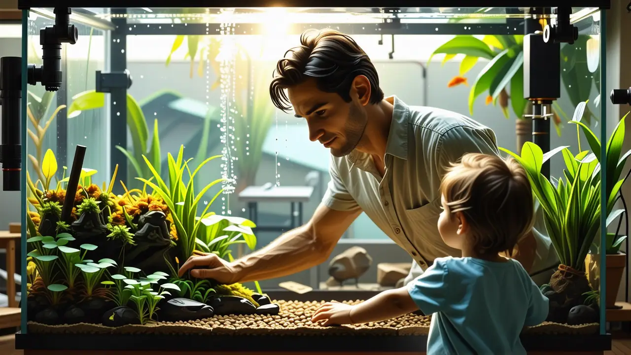 Un hombre observa acuario con niño