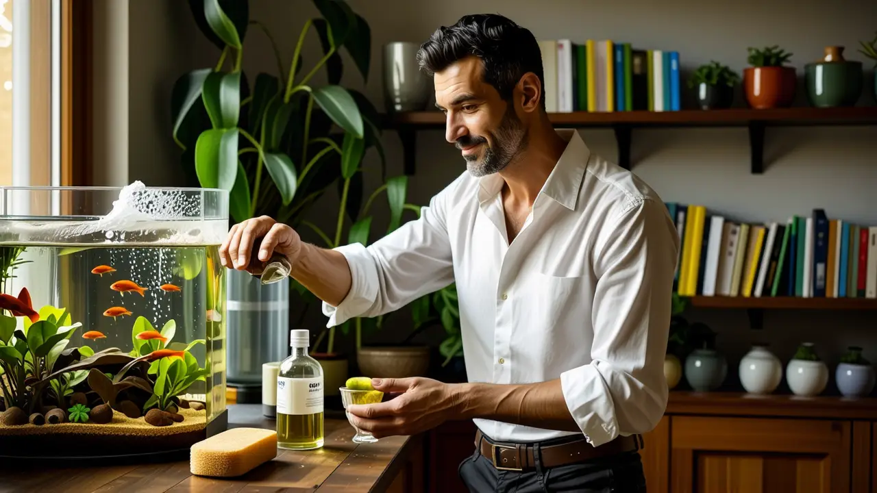 Un hombre amable sirve vinagre a su acuario