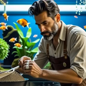 Un hombre sopesa tranquilamente peces en acuario