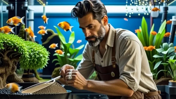 Un hombre sopesa tranquilamente peces en acuario