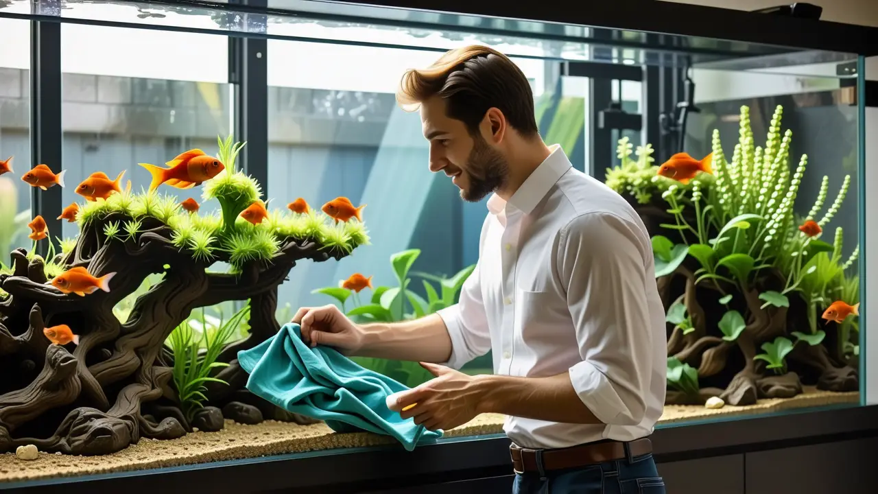 Un hombre limpia un acuario con calma