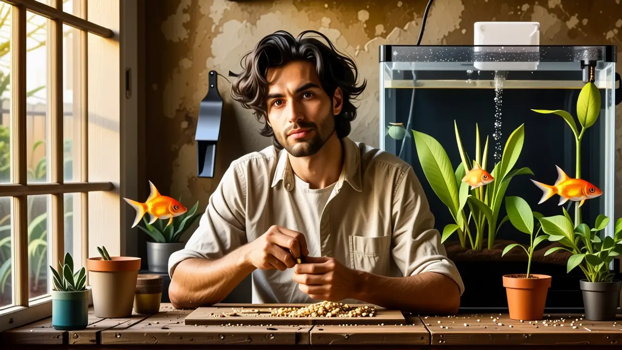 Un hombre pensativo examina un filtro de acuario