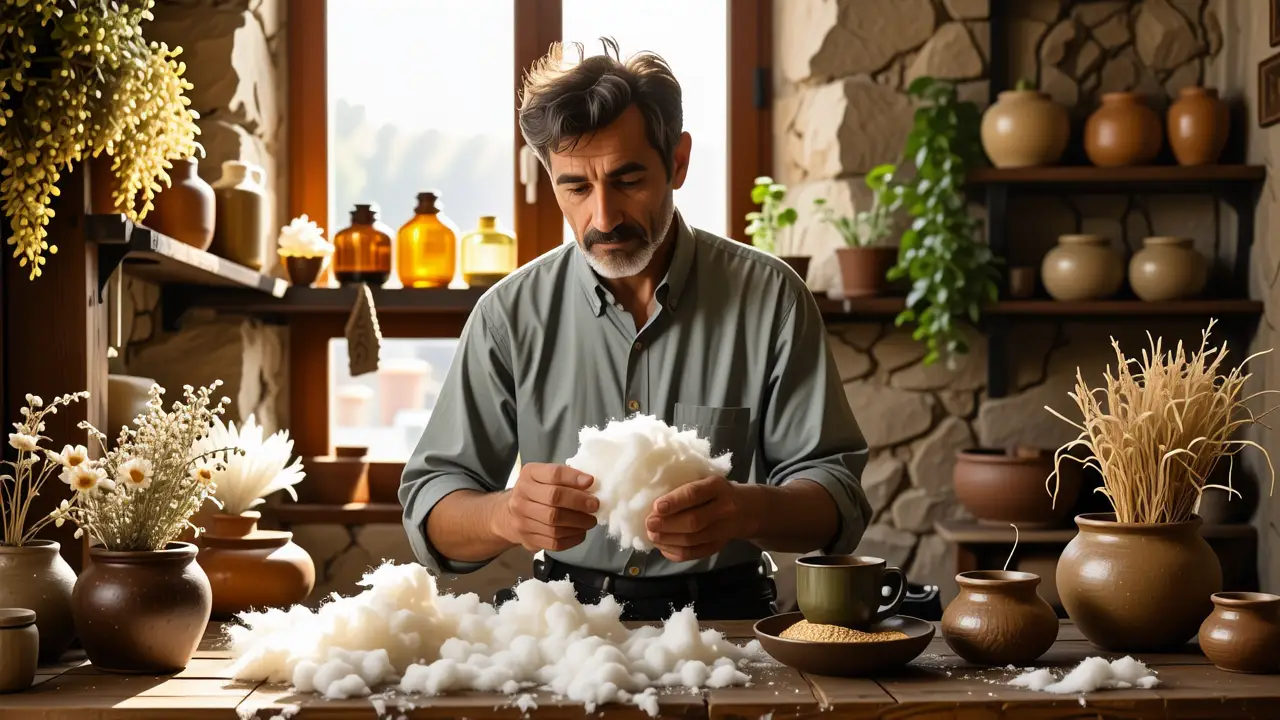 Como limpiar alpaca plateada: Guía completa 3 Un hombre español examina la lana de alpaca