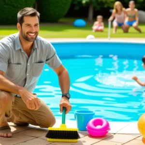 Como limpiar piscinas de plástico: guía completa 13 Un hombre limpiando piscina en familia